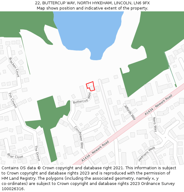 22, BUTTERCUP WAY, NORTH HYKEHAM, LINCOLN, LN6 9FX: Location map and indicative extent of plot