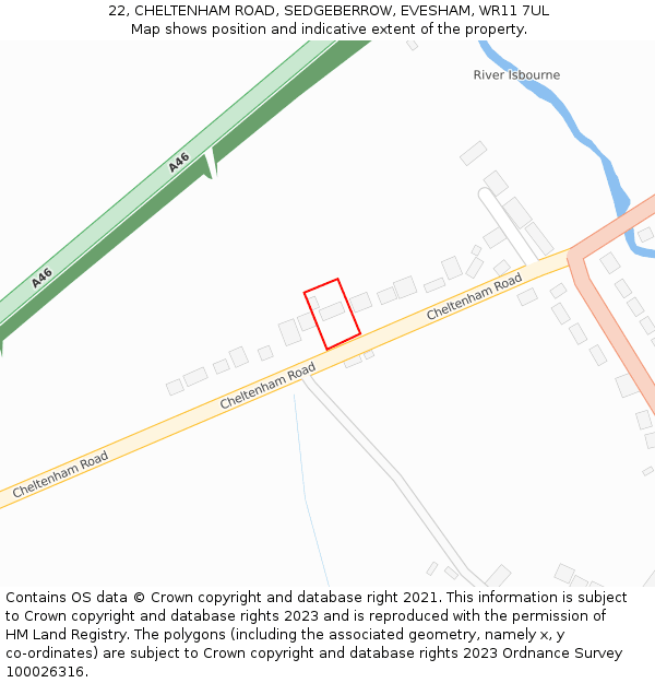 22, CHELTENHAM ROAD, SEDGEBERROW, EVESHAM, WR11 7UL: Location map and indicative extent of plot