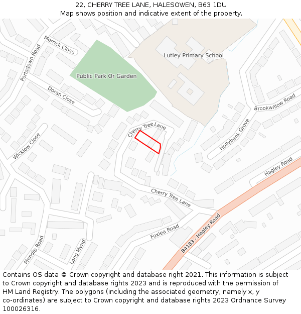 22, CHERRY TREE LANE, HALESOWEN, B63 1DU: Location map and indicative extent of plot