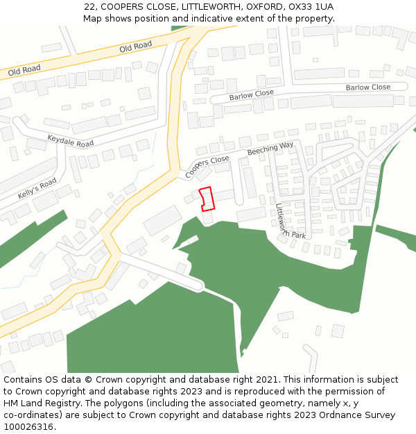 22, COOPERS CLOSE, LITTLEWORTH, OXFORD, OX33 1UA: Location map and indicative extent of plot