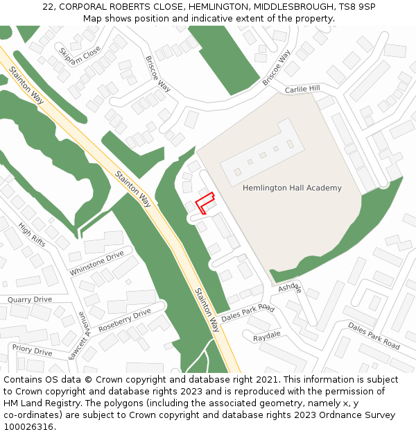 22, CORPORAL ROBERTS CLOSE, HEMLINGTON, MIDDLESBROUGH, TS8 9SP: Location map and indicative extent of plot