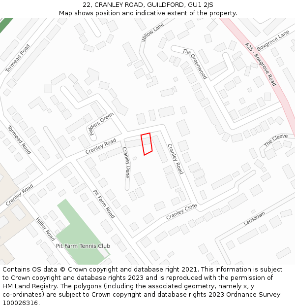 22, CRANLEY ROAD, GUILDFORD, GU1 2JS: Location map and indicative extent of plot