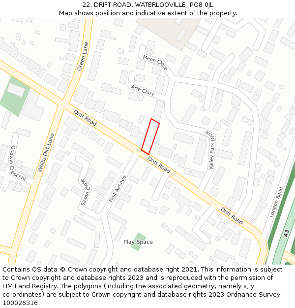 22, DRIFT ROAD, WATERLOOVILLE, PO8 0JL: Location map and indicative extent of plot