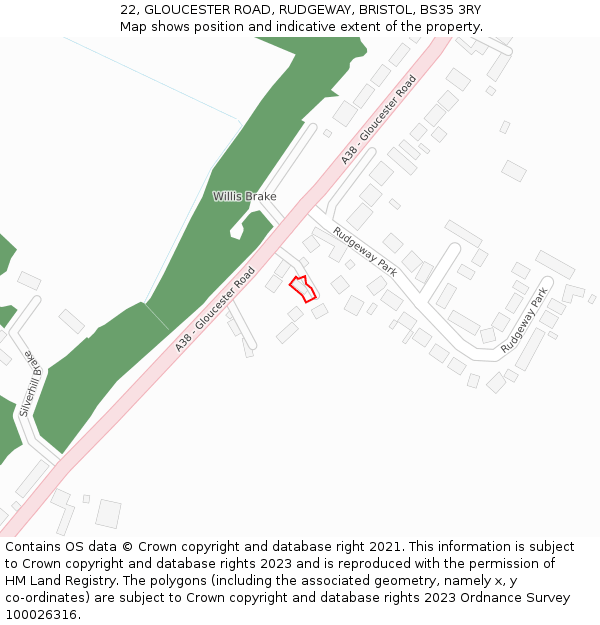 22, GLOUCESTER ROAD, RUDGEWAY, BRISTOL, BS35 3RY: Location map and indicative extent of plot