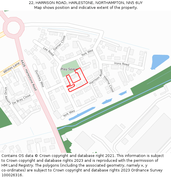 22, HARRISON ROAD, HARLESTONE, NORTHAMPTON, NN5 6UY: Location map and indicative extent of plot