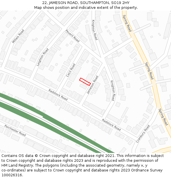 22, JAMESON ROAD, SOUTHAMPTON, SO19 2HY: Location map and indicative extent of plot