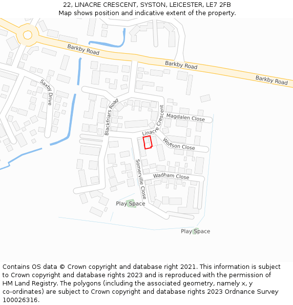 22, LINACRE CRESCENT, SYSTON, LEICESTER, LE7 2FB: Location map and indicative extent of plot