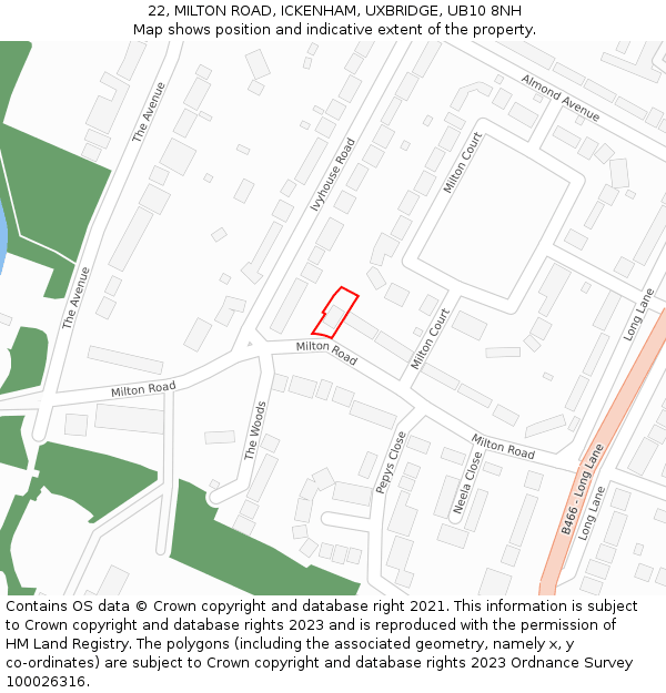 22, MILTON ROAD, ICKENHAM, UXBRIDGE, UB10 8NH: Location map and indicative extent of plot