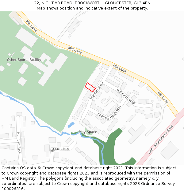 22, NIGHTJAR ROAD, BROCKWORTH, GLOUCESTER, GL3 4RN: Location map and indicative extent of plot