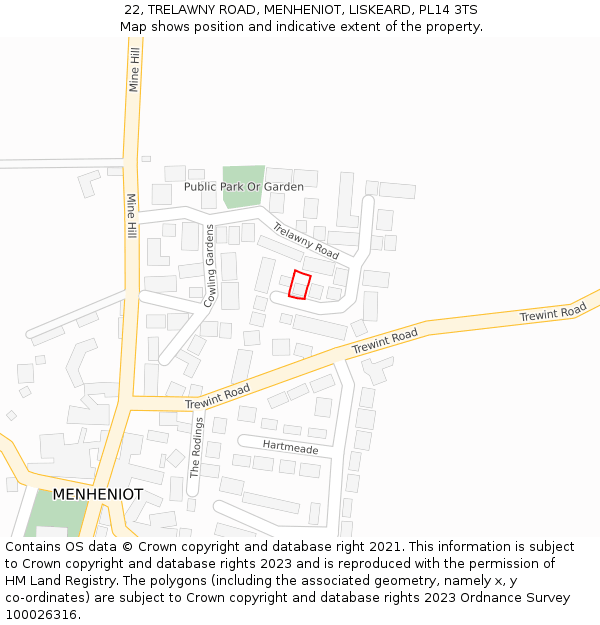 22, TRELAWNY ROAD, MENHENIOT, LISKEARD, PL14 3TS: Location map and indicative extent of plot