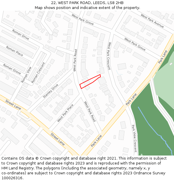 22, WEST PARK ROAD, LEEDS, LS8 2HB: Location map and indicative extent of plot