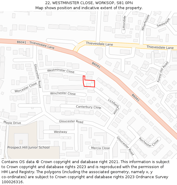 22, WESTMINSTER CLOSE, WORKSOP, S81 0PN: Location map and indicative extent of plot