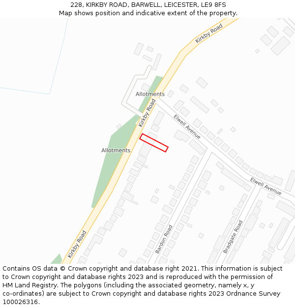 228, KIRKBY ROAD, BARWELL, LEICESTER, LE9 8FS: Location map and indicative extent of plot