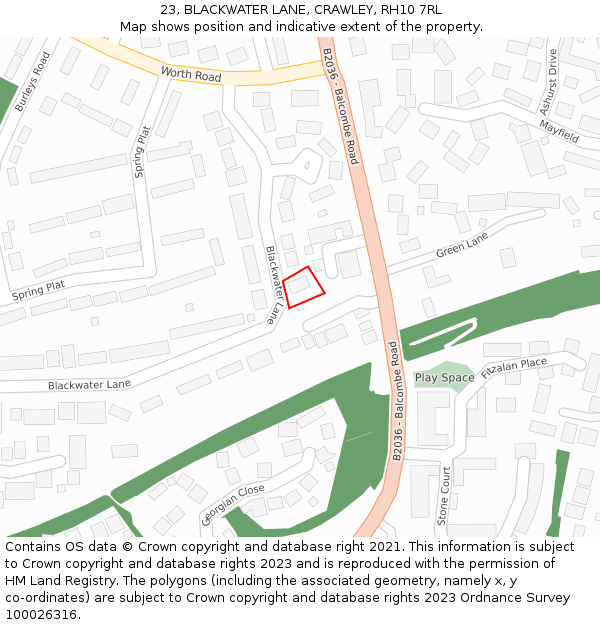 23, BLACKWATER LANE, CRAWLEY, RH10 7RL: Location map and indicative extent of plot