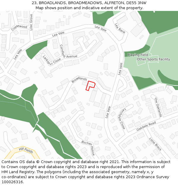 23, BROADLANDS, BROADMEADOWS, ALFRETON, DE55 3NW: Location map and indicative extent of plot