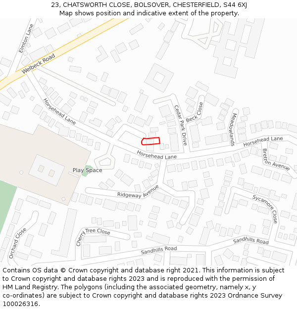 23, CHATSWORTH CLOSE, BOLSOVER, CHESTERFIELD, S44 6XJ: Location map and indicative extent of plot