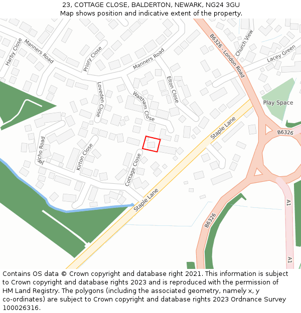 23, COTTAGE CLOSE, BALDERTON, NEWARK, NG24 3GU: Location map and indicative extent of plot