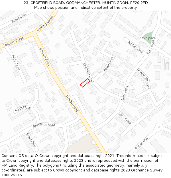 23, CROFTFIELD ROAD, GODMANCHESTER, HUNTINGDON, PE29 2ED: Location map and indicative extent of plot