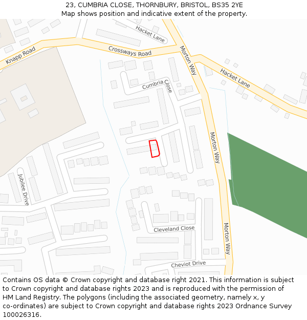 23, CUMBRIA CLOSE, THORNBURY, BRISTOL, BS35 2YE: Location map and indicative extent of plot