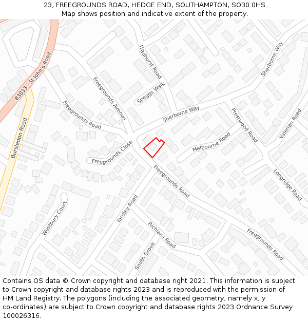 23, FREEGROUNDS ROAD, HEDGE END, SOUTHAMPTON, SO30 0HS: Location map and indicative extent of plot