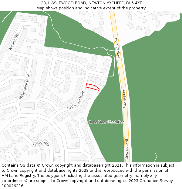 23, HASLEWOOD ROAD, NEWTON AYCLIFFE, DL5 4XF: Location map and indicative extent of plot