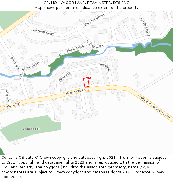 23, HOLLYMOOR LANE, BEAMINSTER, DT8 3NG: Location map and indicative extent of plot