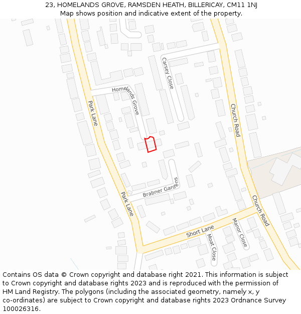 23, HOMELANDS GROVE, RAMSDEN HEATH, BILLERICAY, CM11 1NJ: Location map and indicative extent of plot