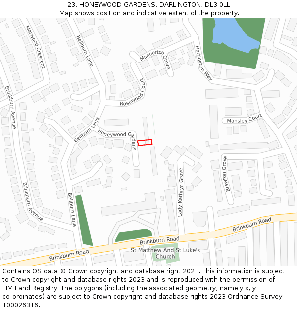 23, HONEYWOOD GARDENS, DARLINGTON, DL3 0LL: Location map and indicative extent of plot