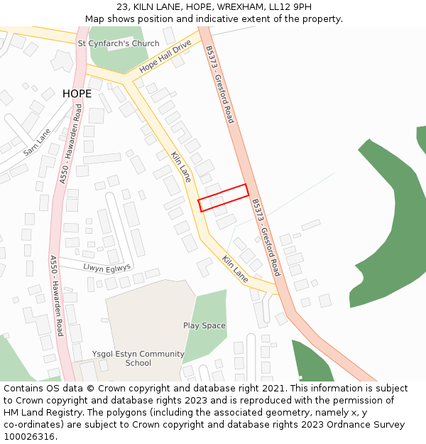 23, KILN LANE, HOPE, WREXHAM, LL12 9PH: Location map and indicative extent of plot