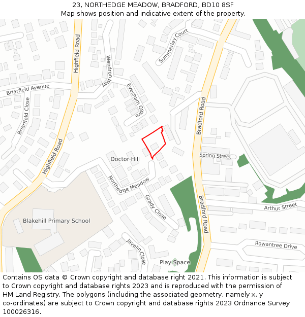 23, NORTHEDGE MEADOW, BRADFORD, BD10 8SF: Location map and indicative extent of plot