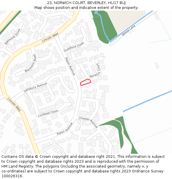 23, NORWICH COURT, BEVERLEY, HU17 8UJ: Location map and indicative extent of plot