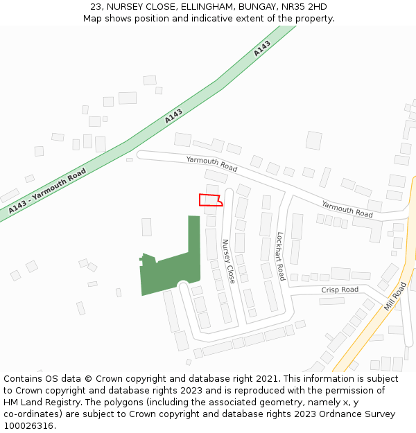 23, NURSEY CLOSE, ELLINGHAM, BUNGAY, NR35 2HD: Location map and indicative extent of plot