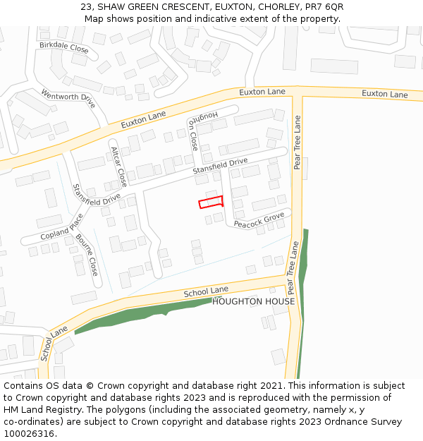 23, SHAW GREEN CRESCENT, EUXTON, CHORLEY, PR7 6QR: Location map and indicative extent of plot