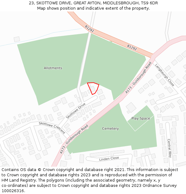 23, SKOTTOWE DRIVE, GREAT AYTON, MIDDLESBROUGH, TS9 6DR: Location map and indicative extent of plot