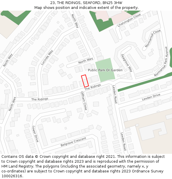 23, THE RIDINGS, SEAFORD, BN25 3HW: Location map and indicative extent of plot