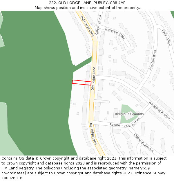 232, OLD LODGE LANE, PURLEY, CR8 4AP: Location map and indicative extent of plot