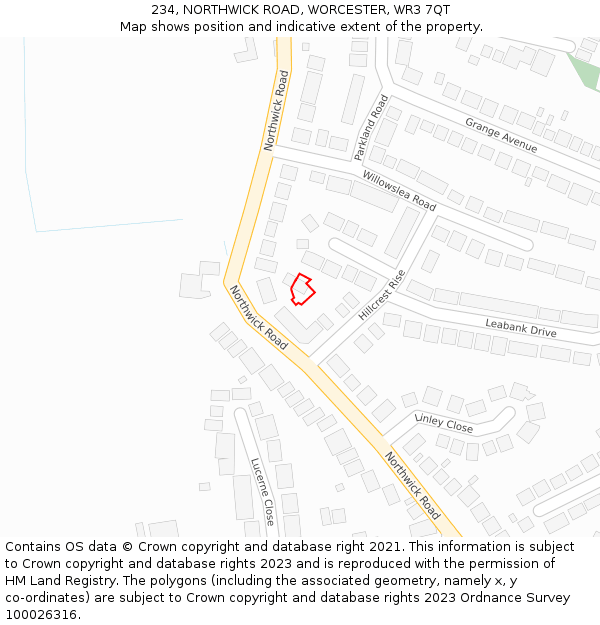 234, NORTHWICK ROAD, WORCESTER, WR3 7QT: Location map and indicative extent of plot