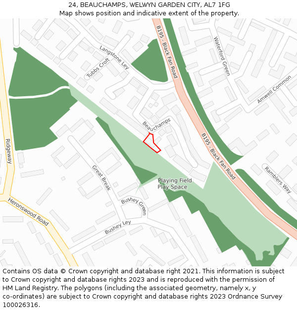 24, BEAUCHAMPS, WELWYN GARDEN CITY, AL7 1FG: Location map and indicative extent of plot