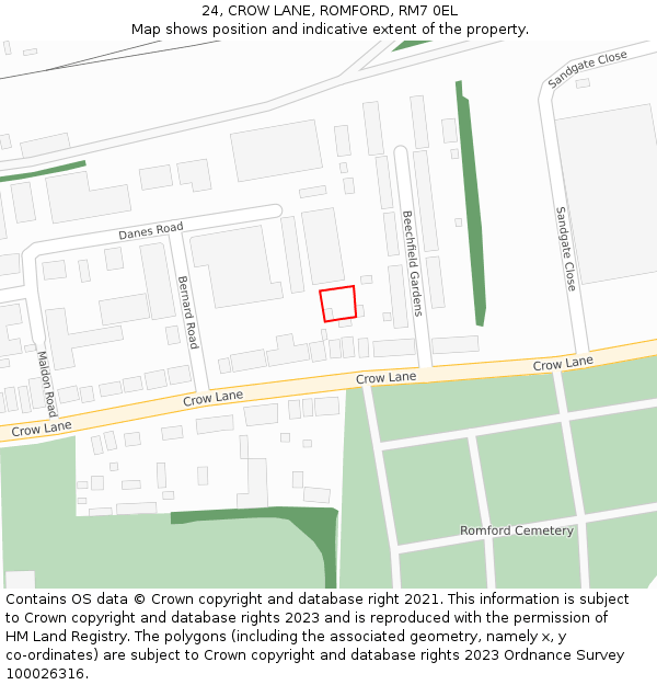 24, CROW LANE, ROMFORD, RM7 0EL: Location map and indicative extent of plot