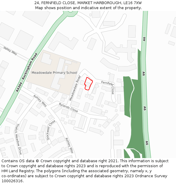 24, FERNFIELD CLOSE, MARKET HARBOROUGH, LE16 7XW: Location map and indicative extent of plot