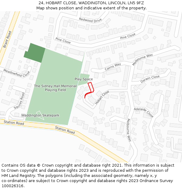 24, HOBART CLOSE, WADDINGTON, LINCOLN, LN5 9FZ: Location map and indicative extent of plot