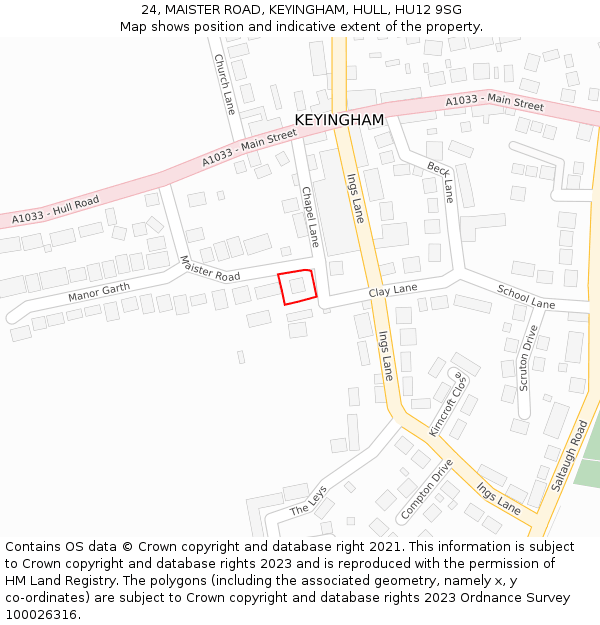 24, MAISTER ROAD, KEYINGHAM, HULL, HU12 9SG: Location map and indicative extent of plot