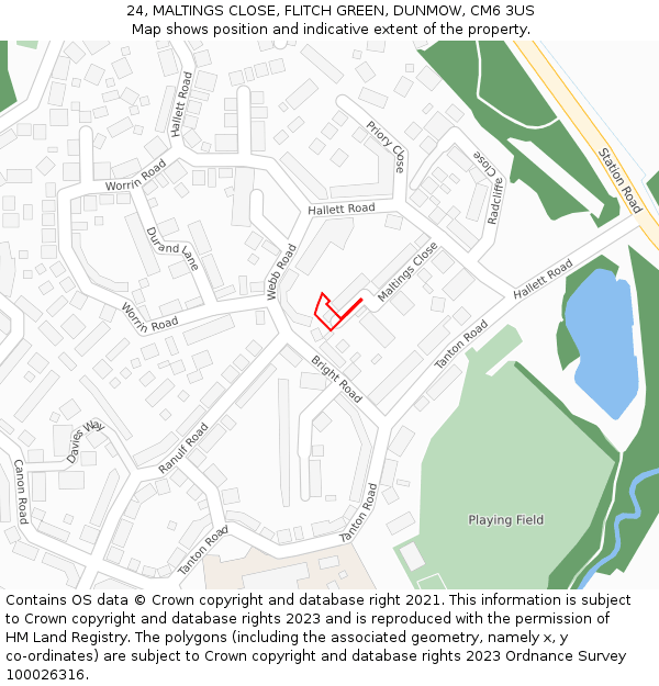 24, MALTINGS CLOSE, FLITCH GREEN, DUNMOW, CM6 3US: Location map and indicative extent of plot