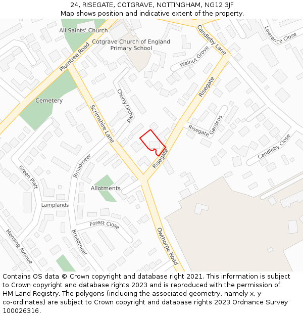 24, RISEGATE, COTGRAVE, NOTTINGHAM, NG12 3JF: Location map and indicative extent of plot