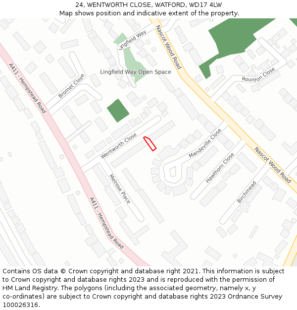 24, WENTWORTH CLOSE, WATFORD, WD17 4LW: Location map and indicative extent of plot