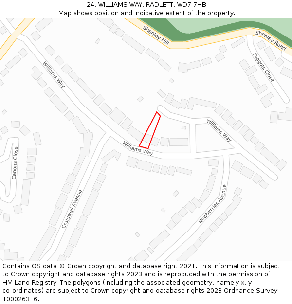 24, WILLIAMS WAY, RADLETT, WD7 7HB: Location map and indicative extent of plot