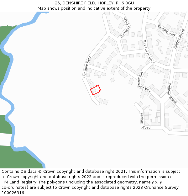 25, DENSHIRE FIELD, HORLEY, RH6 8GU: Location map and indicative extent of plot