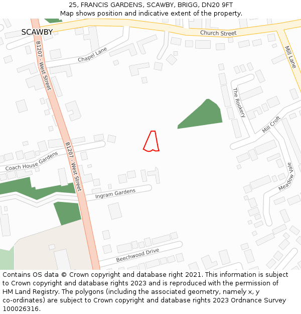 25, FRANCIS GARDENS, SCAWBY, BRIGG, DN20 9FT: Location map and indicative extent of plot