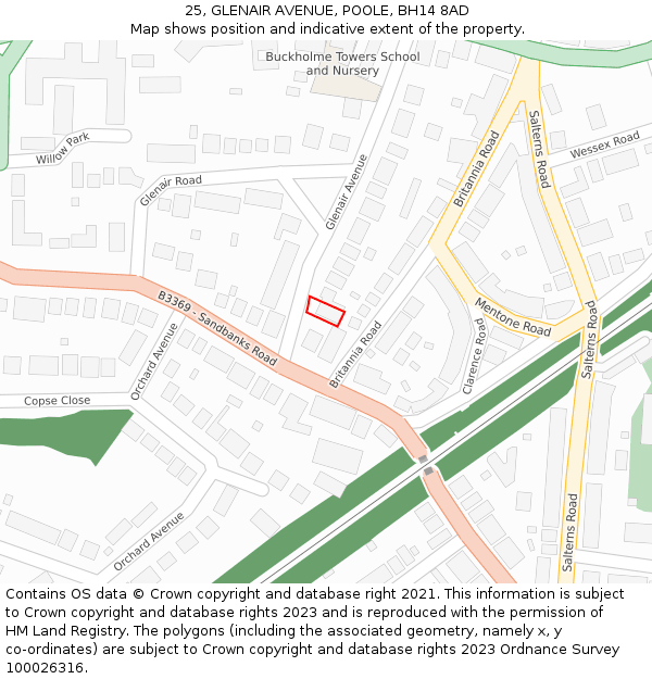 25, GLENAIR AVENUE, POOLE, BH14 8AD: Location map and indicative extent of plot