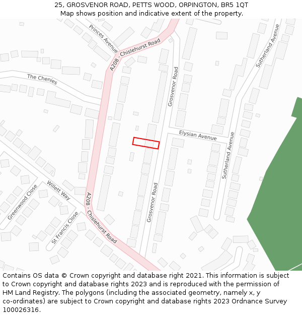 25, GROSVENOR ROAD, PETTS WOOD, ORPINGTON, BR5 1QT: Location map and indicative extent of plot